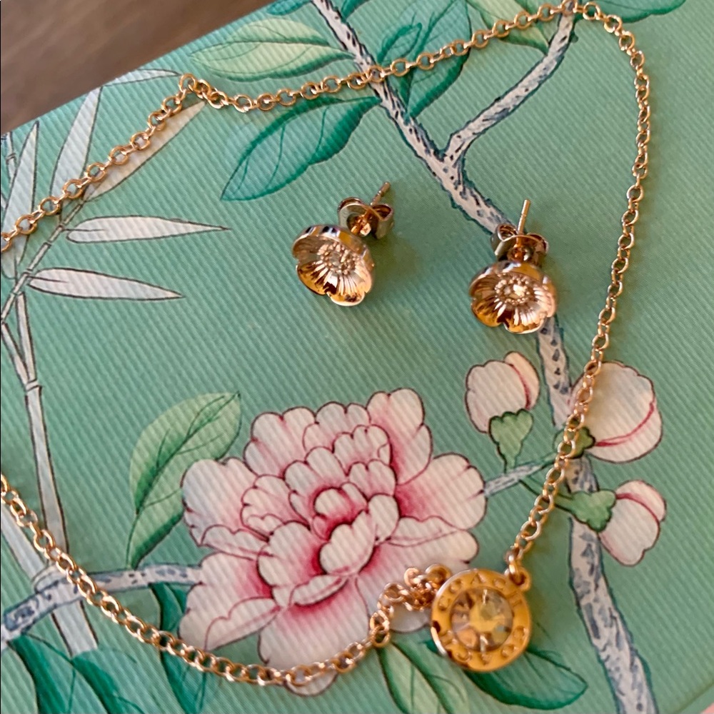 Never-worn Coach Stone Tea Rose Necklace and Earrings Set